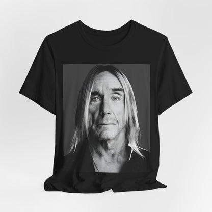 A black graphic t-shirt featuring a black and white portrait photo of Iggy Pop.