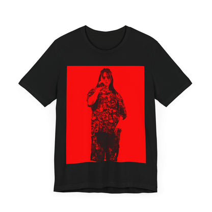 A portrait of Billie Eilish with platinum blonde hair from her 'Happier Than Ever' era, looking over her shoulder, printed on a graphic t-shirt.