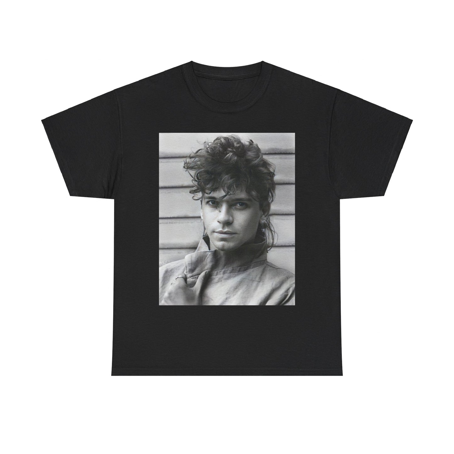 A black graphic t-shirt featuring a retro black and white graphic or photo of Michael Hutchence from INXS.