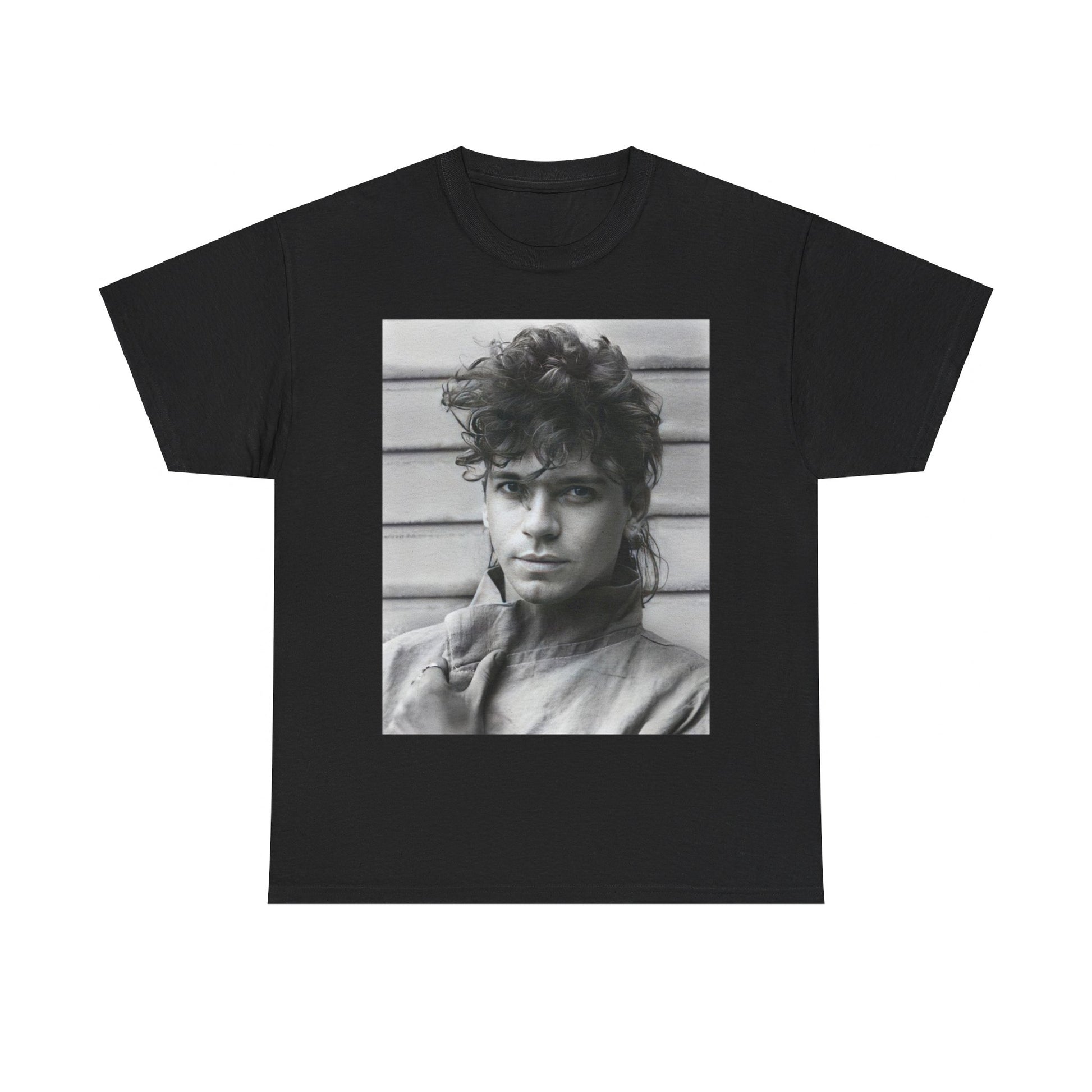 A black graphic t-shirt featuring a retro black and white graphic or photo of Michael Hutchence from INXS.