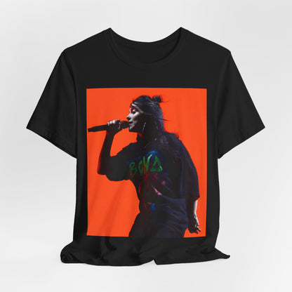 The official 'Blohsh' stick figure logo of Billie Eilish, printed in a single color on a graphic t-shirt.
