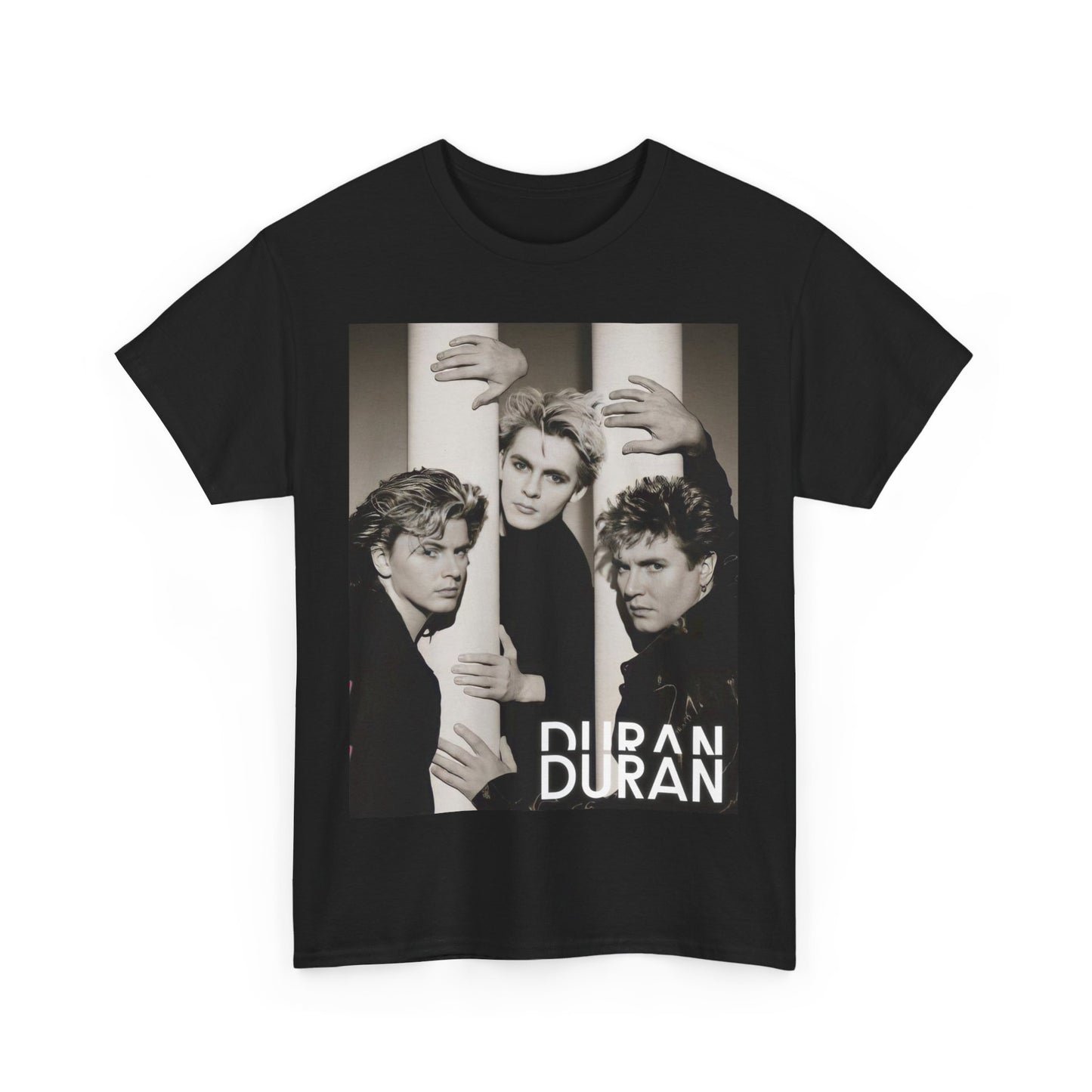 A black graphic t-shirt featuring a graphic related to Duran Duran's 'The Wild Boys' song or era.