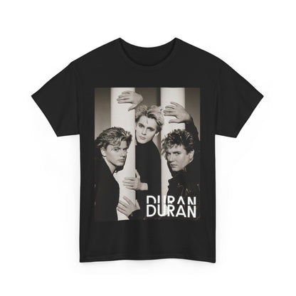 A black graphic t-shirt featuring a graphic related to Duran Duran's 'The Wild Boys' song or era.