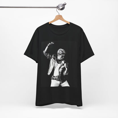 A black graphic t-shirt featuring an iconic black and white portrait photo of George Michael.