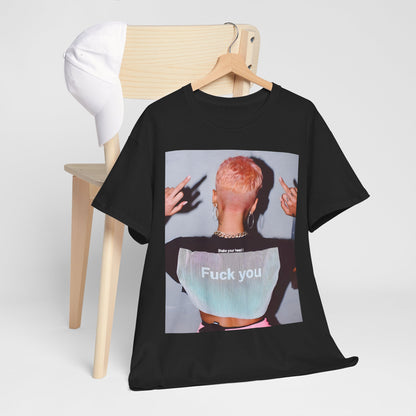 A black graphic t-shirt featuring a graphic of Halsey with text or imagery conveying "Fuck You."