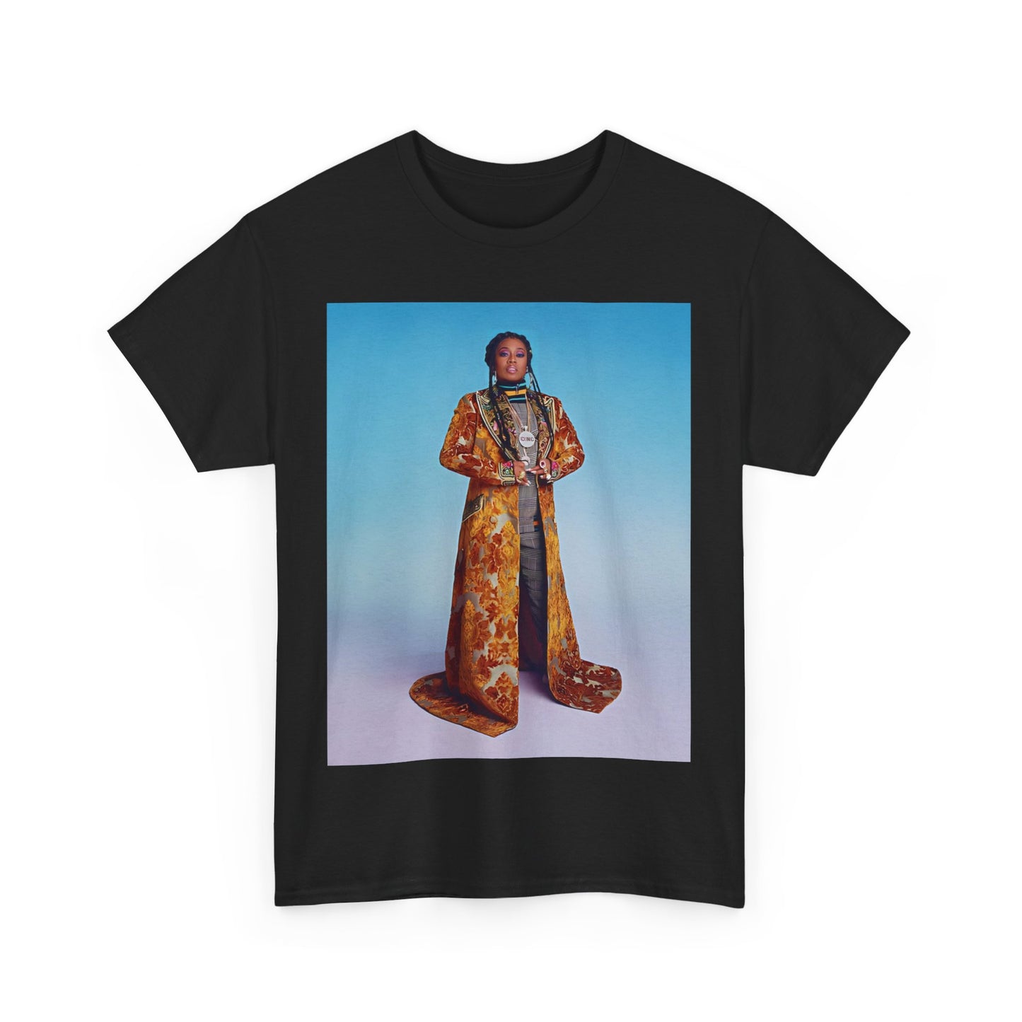 A black graphic t-shirt featuring a graphic of Missy Elliott as an iconic fashion trendsetter.