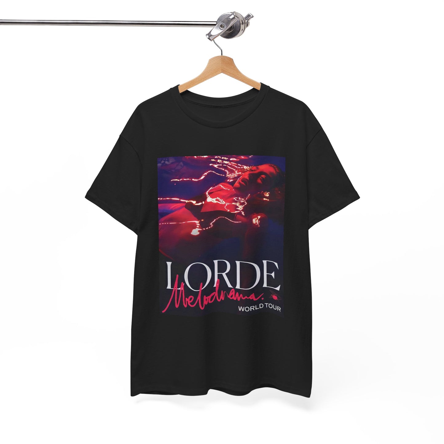 A black graphic t-shirt featuring a graphic related to Lorde's 'Melodrama' World Tour.