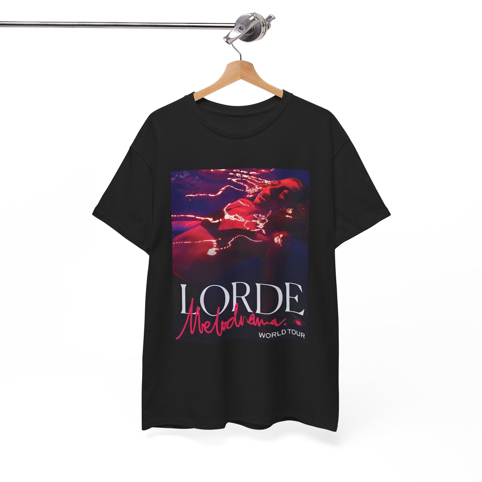 A black graphic t-shirt featuring a graphic related to Lorde's 'Melodrama' World Tour.