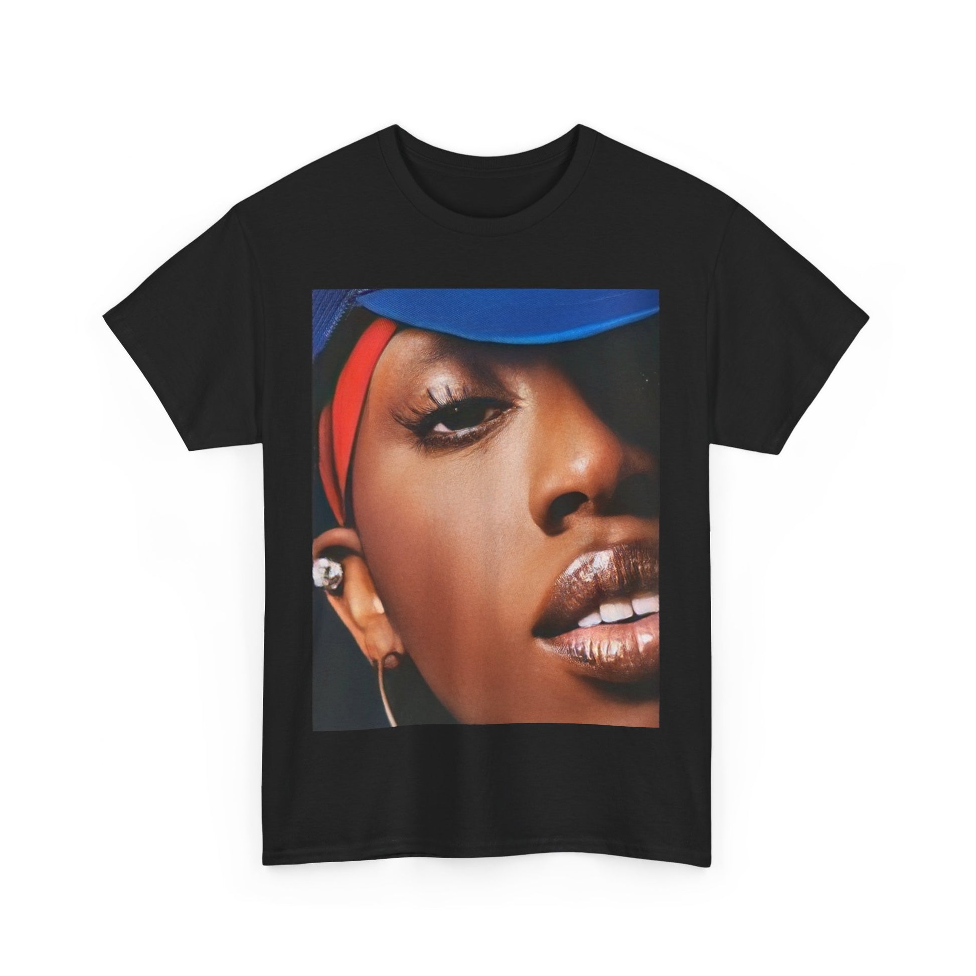 A black graphic t-shirt featuring a graphic of Missy Elliott as a creative genius in hip hop.