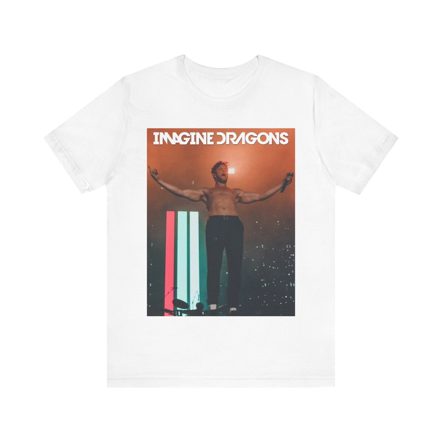 A black graphic t-shirt featuring a bold graphic of Imagine Dragons as arena rockers.