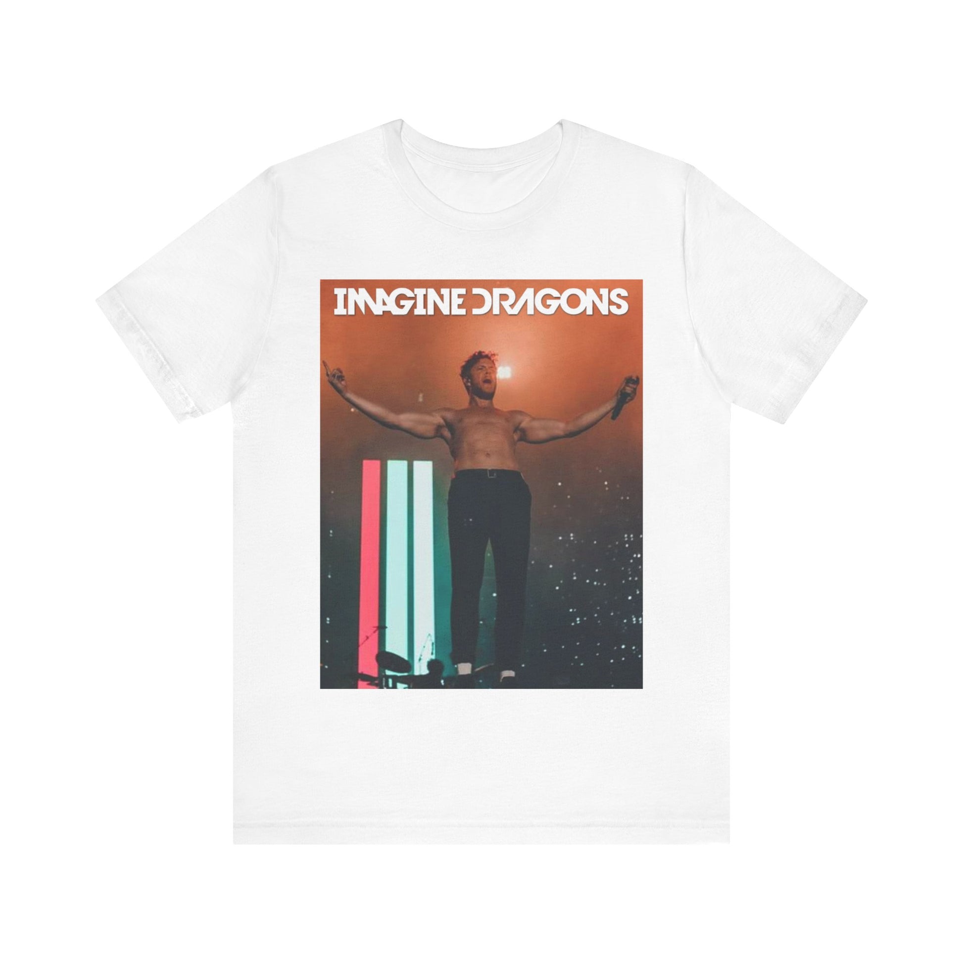A black graphic t-shirt featuring a bold graphic of Imagine Dragons as arena rockers.