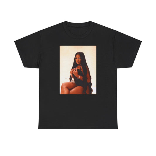 A black graphic t-shirt featuring a graphic of Megan Thee Stallion as the Queen of Rap.