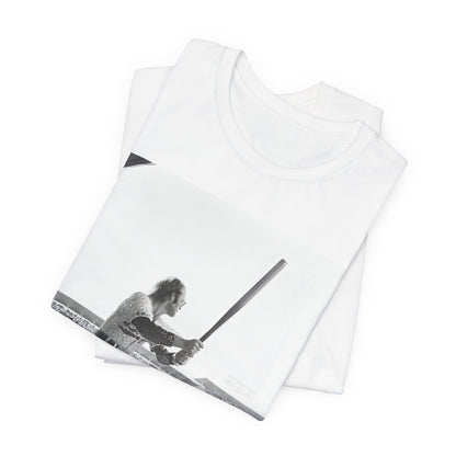 A black graphic t-shirt featuring a black and white graphic or photo related to Elton John's 1975 tour in America.