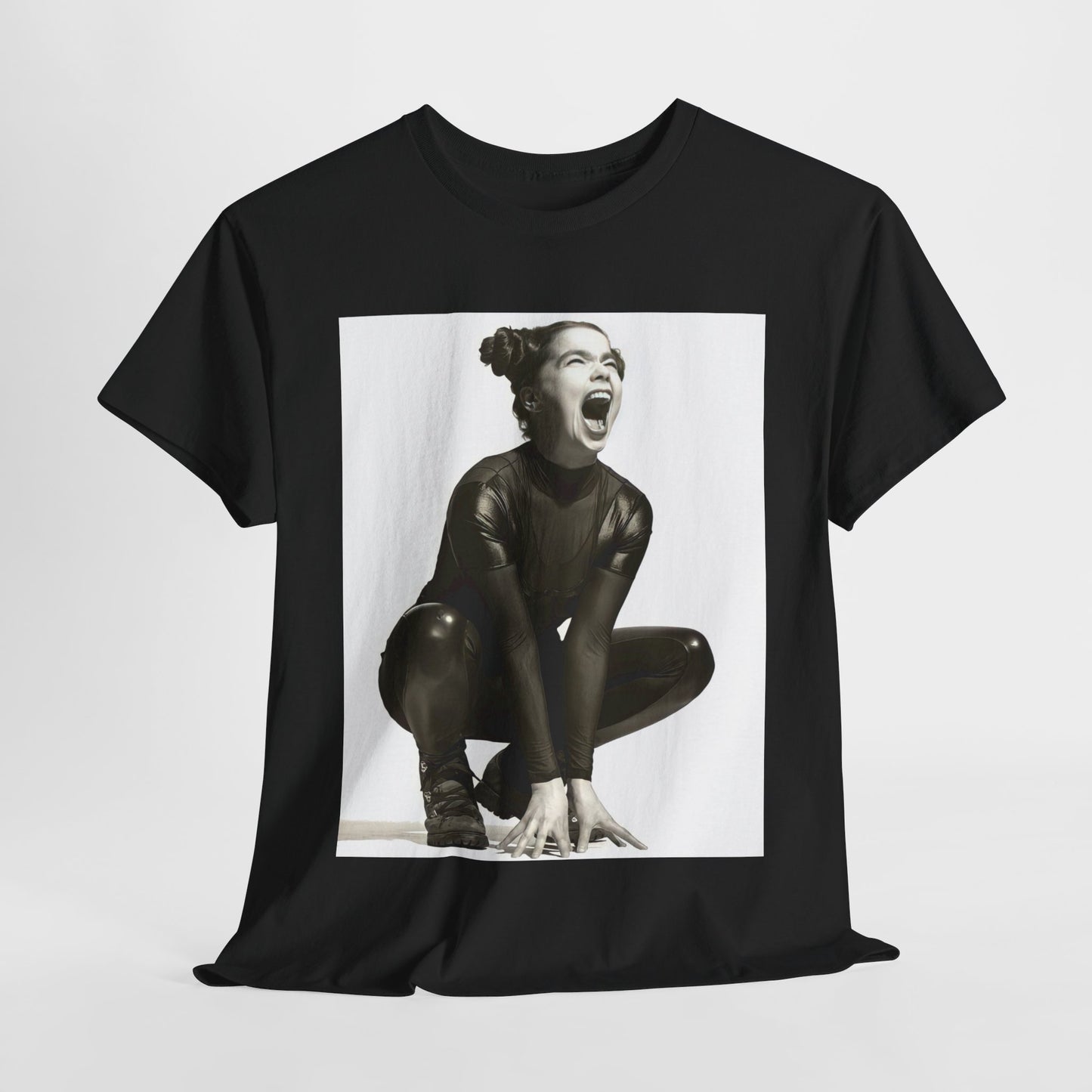 A black graphic t-shirt featuring a 90s black and white graphic of Bjork with a rebellious or edgy pose.