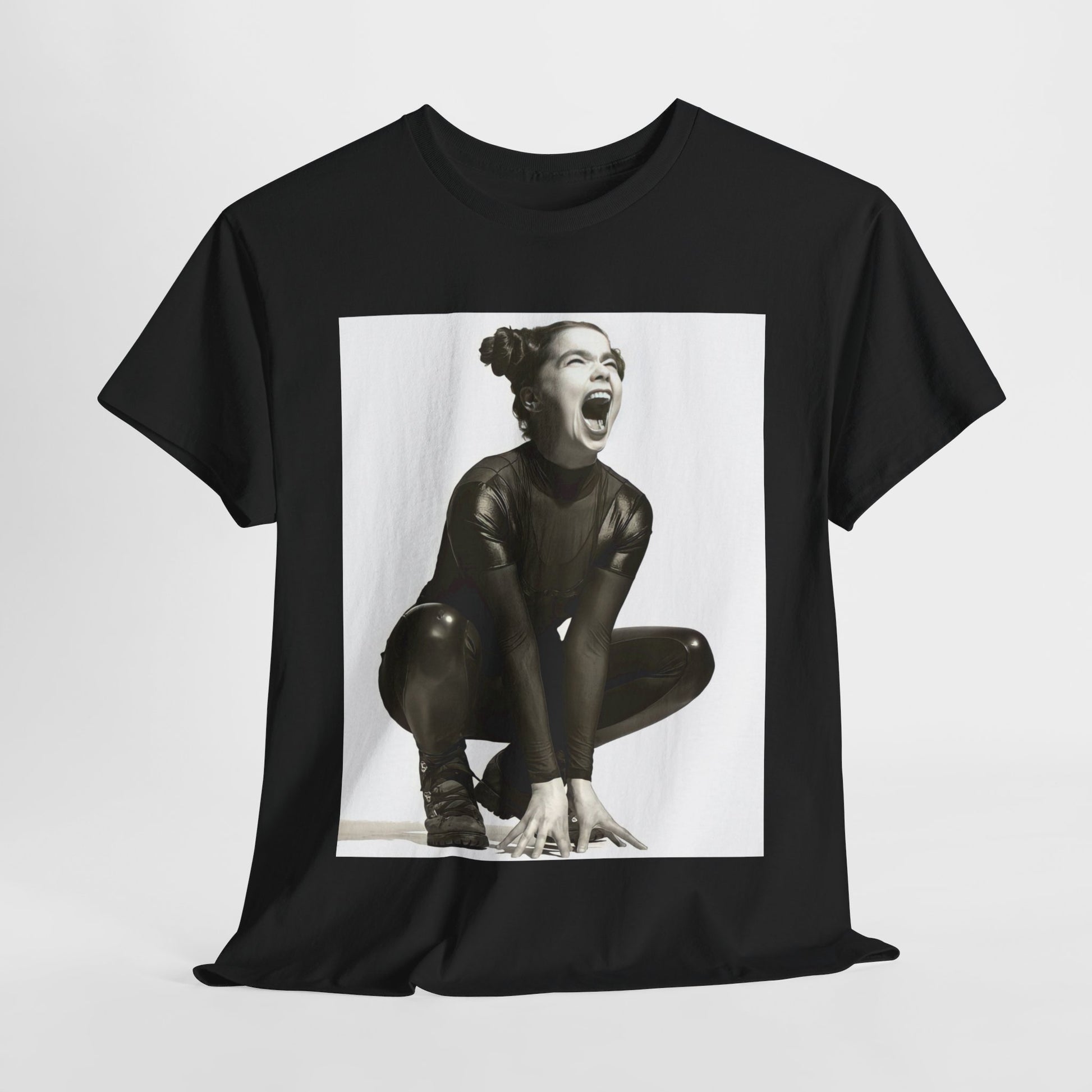 A black graphic t-shirt featuring a 90s black and white graphic of Bjork with a rebellious or edgy pose.