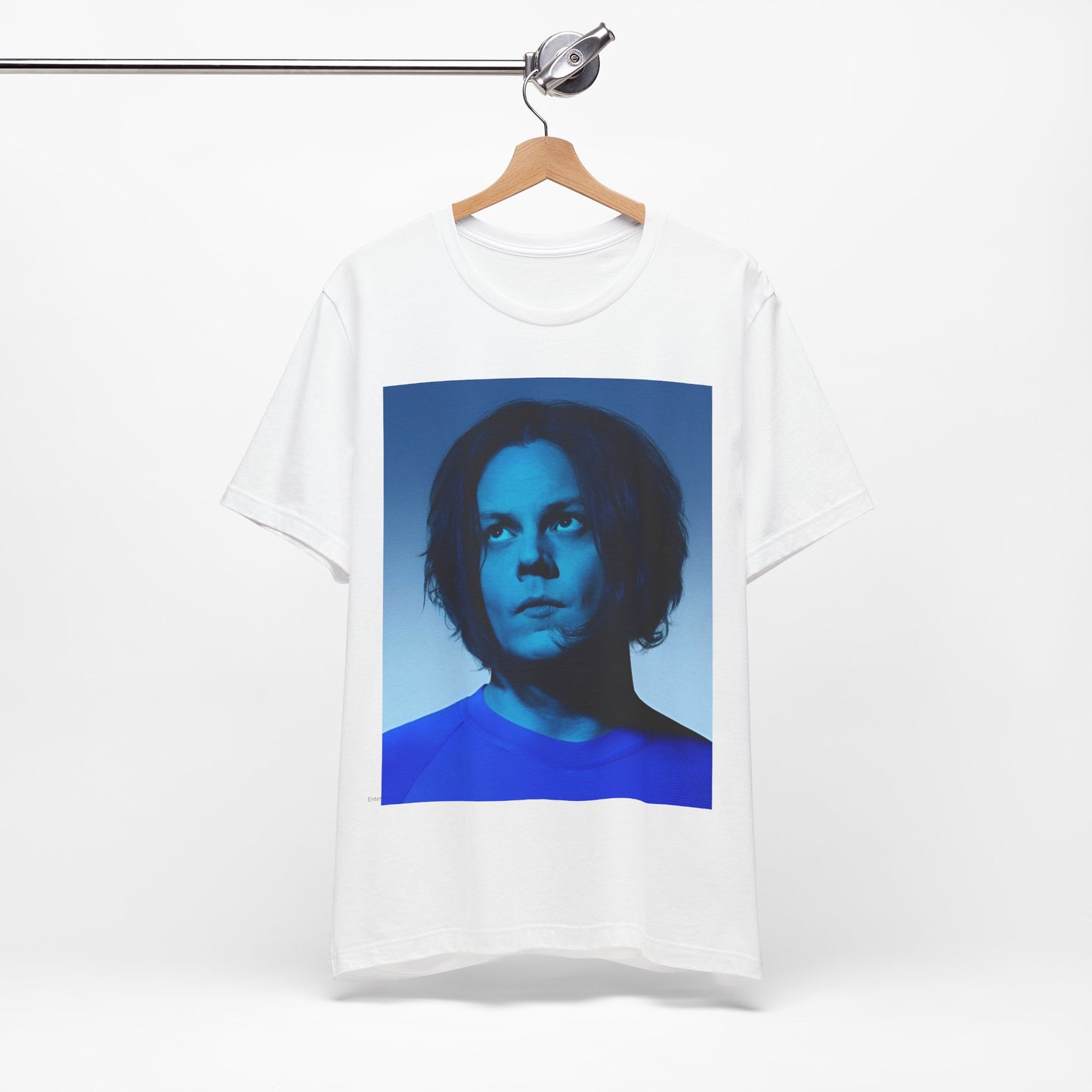 A black graphic t-shirt featuring a portrait photo of Jack White from The White Stripes.