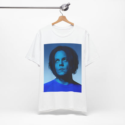 A black graphic t-shirt featuring a portrait photo of Jack White from The White Stripes.