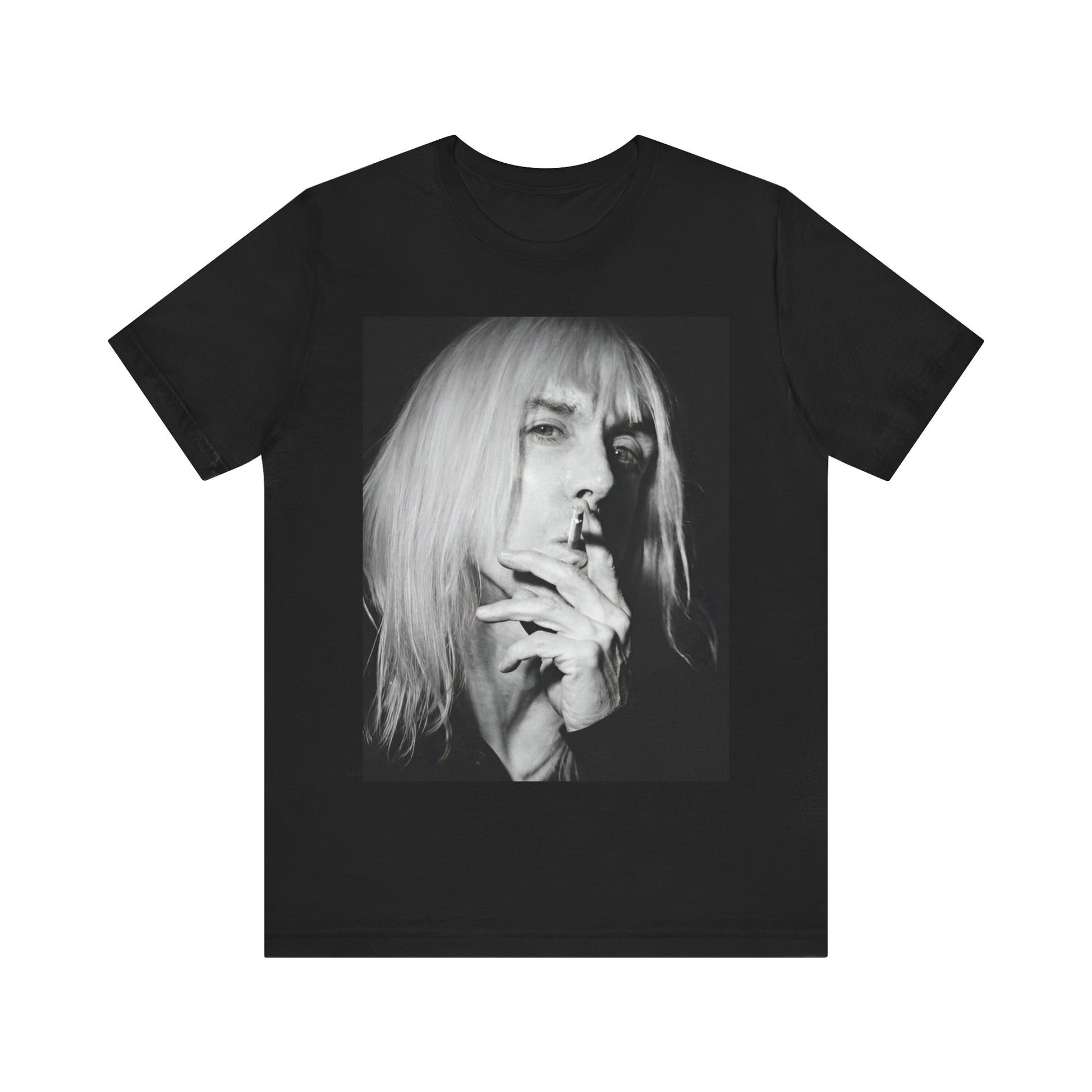 A black graphic t-shirt featuring a black and white graphic or photo of Iggy Pop holding a cigar.