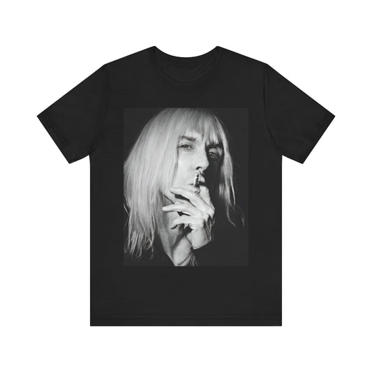 A black graphic t-shirt featuring a black and white graphic or photo of Iggy Pop holding a cigar.