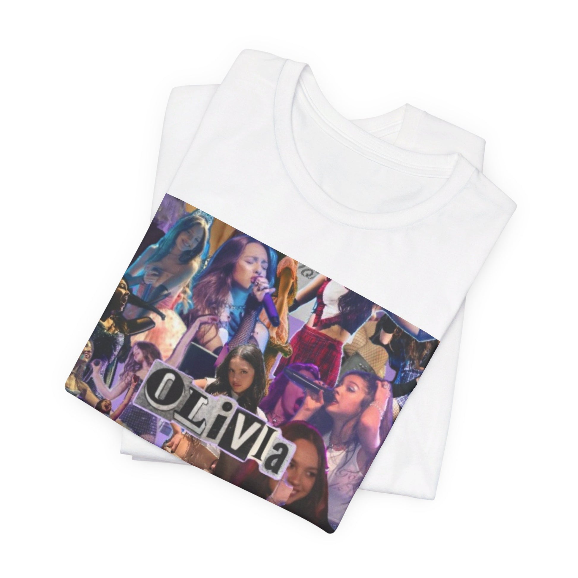A black graphic t-shirt featuring a retro bootleg graphic of Olivia Rodrigo.