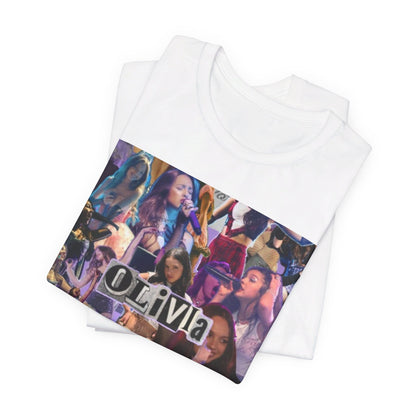 A black graphic t-shirt featuring a retro bootleg graphic of Olivia Rodrigo.