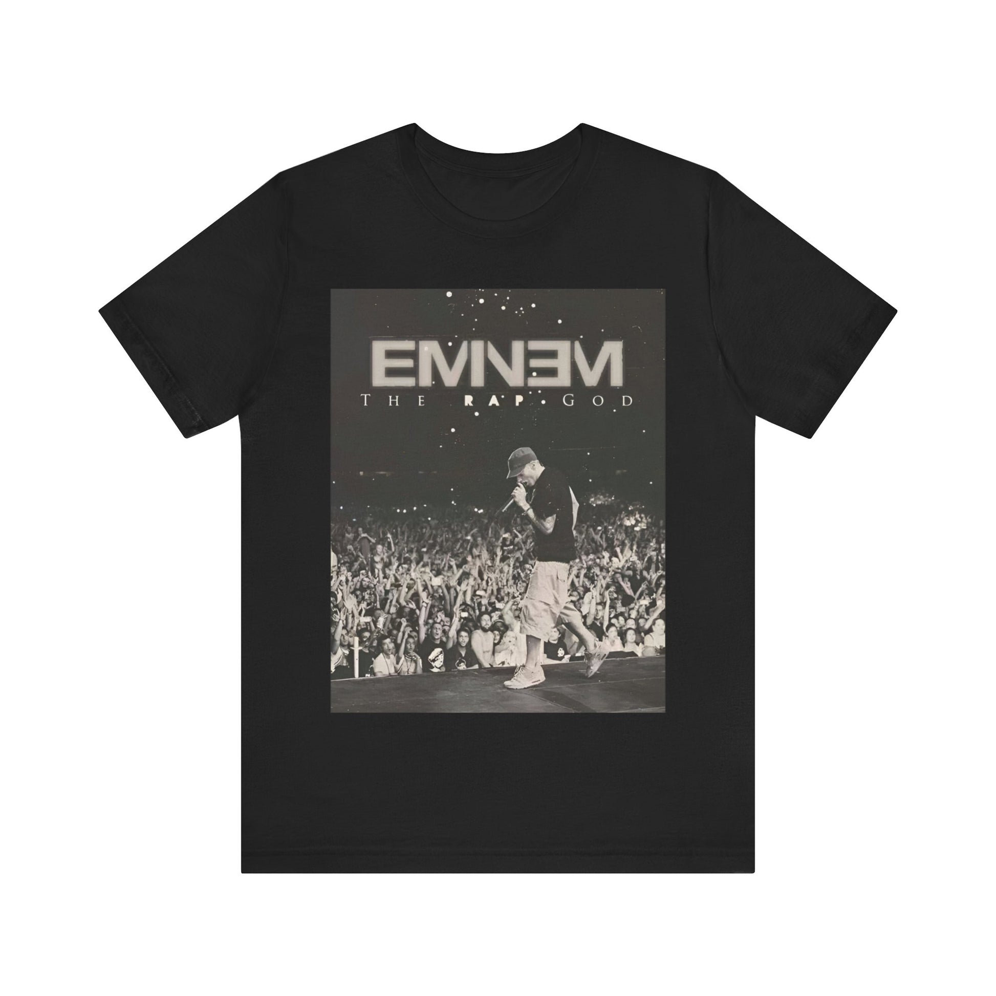 A black graphic t-shirt featuring a graphic or photo of Eminem performing live on tour.