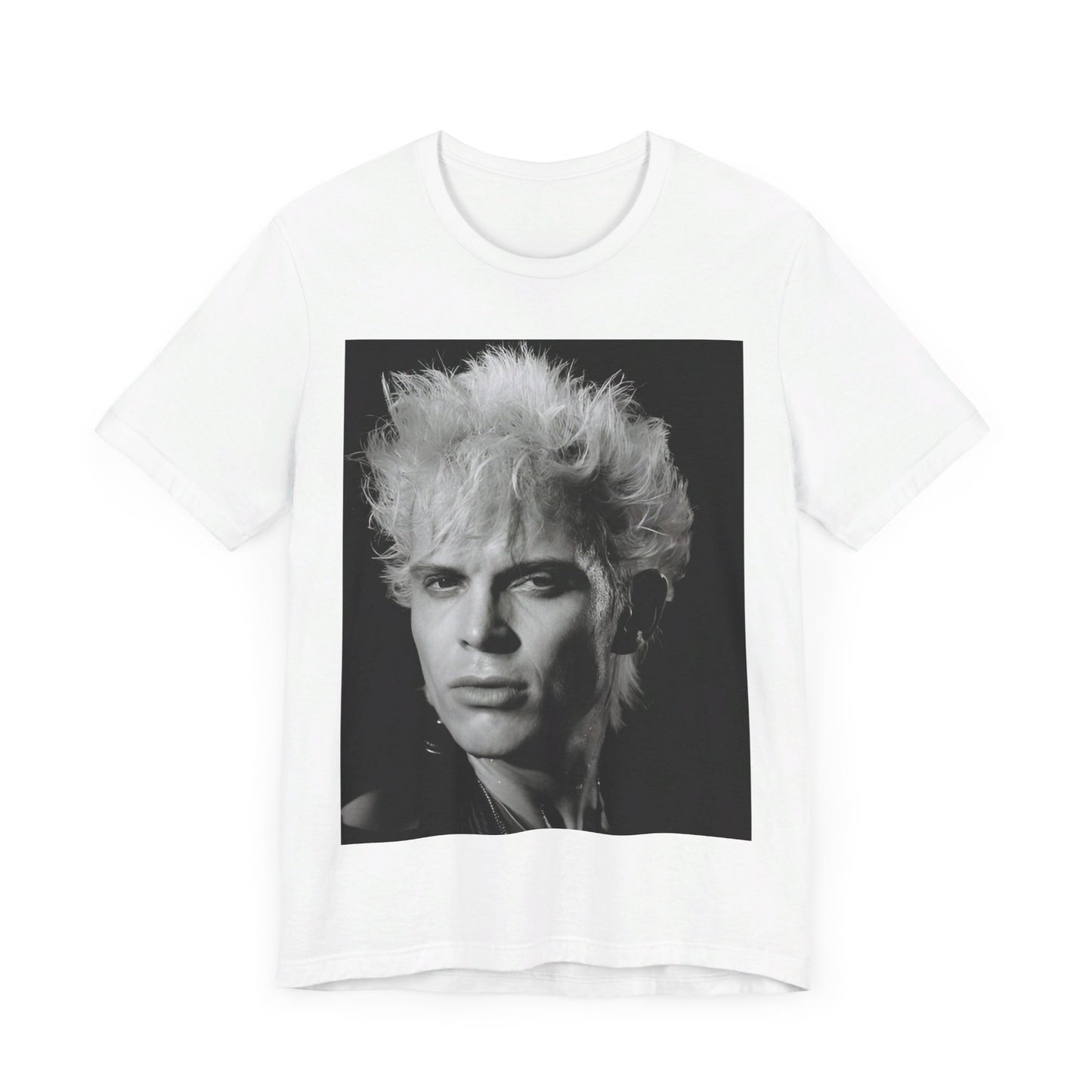 A black graphic t-shirt featuring a bold 80s black and white monochrome graphic of Billy Idol.