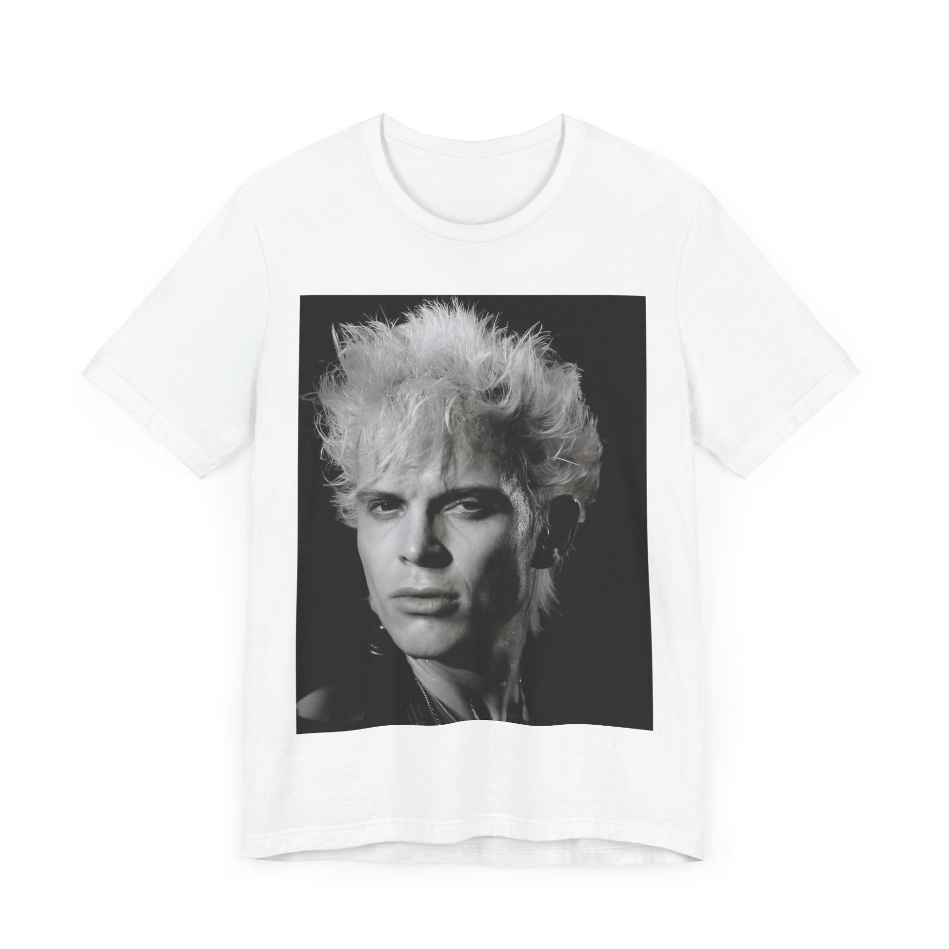 A black graphic t-shirt featuring a bold 80s black and white monochrome graphic of Billy Idol.