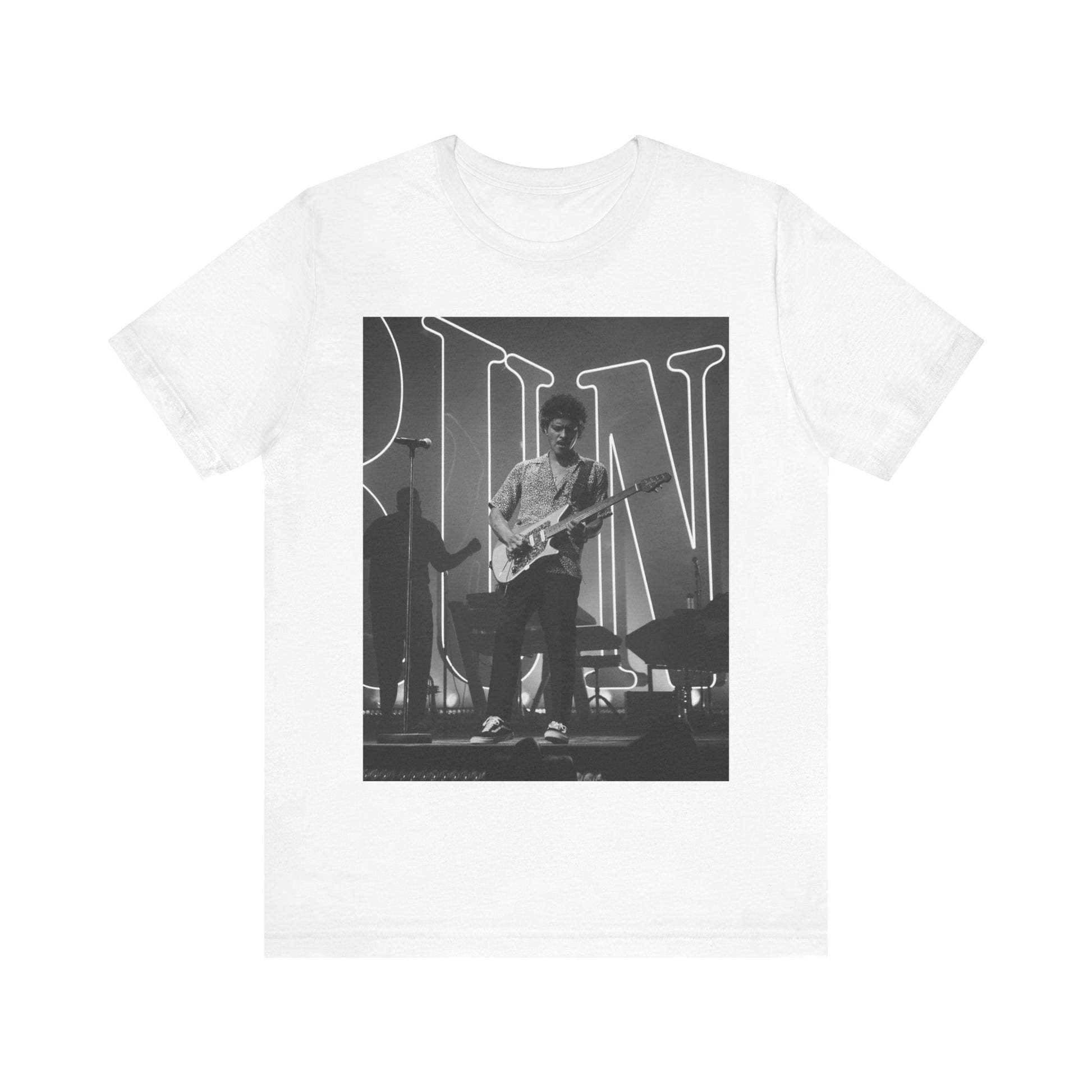 A black graphic t-shirt featuring a black and white photo of Bruno Mars performing live on stage.