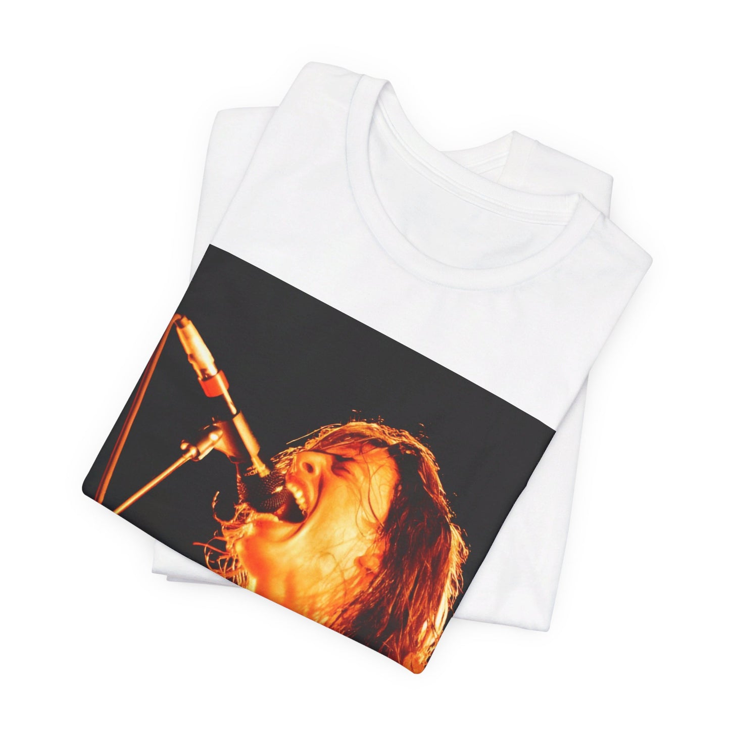 A black graphic t-shirt featuring a vintage grunge rock graphic of Foo Fighters.