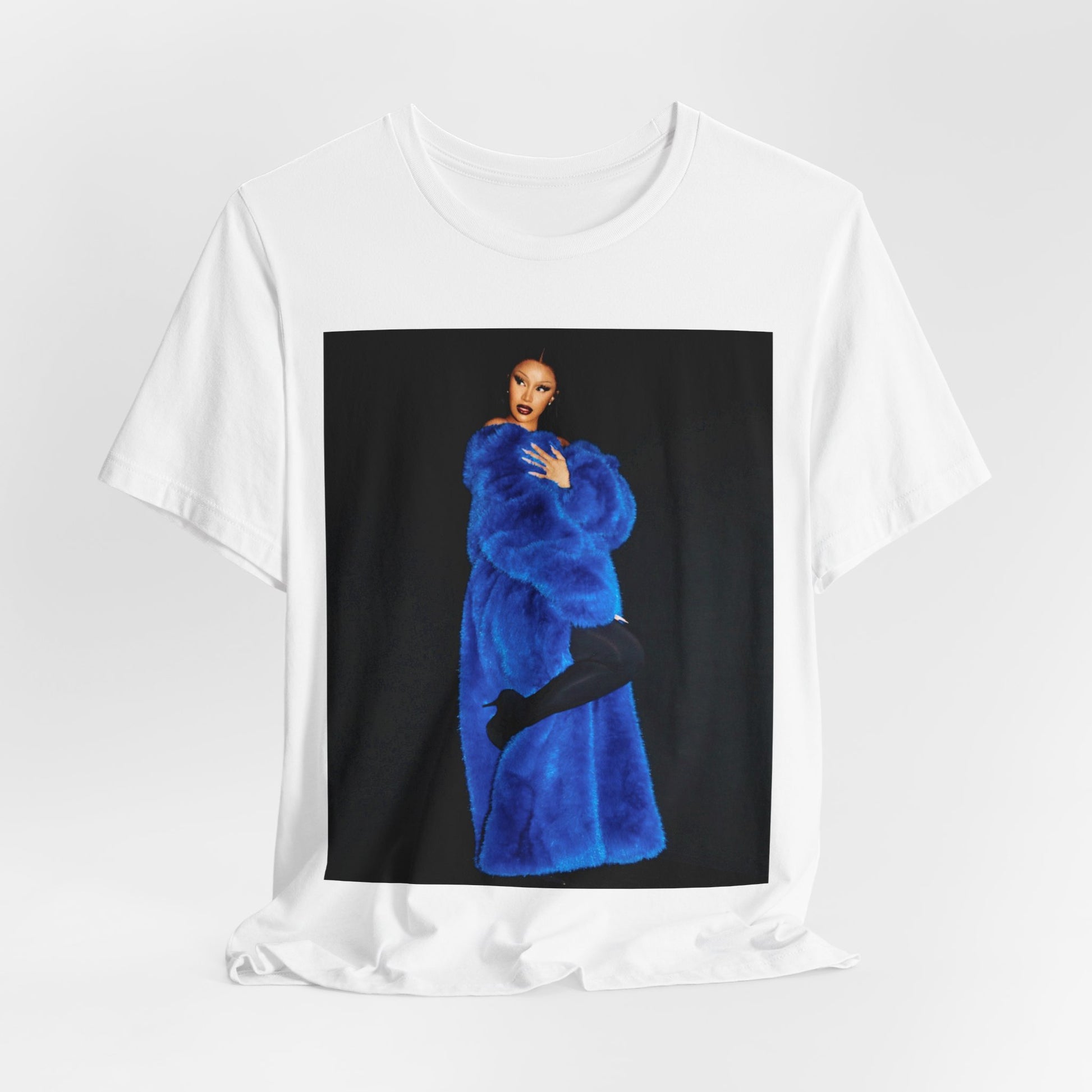 A black graphic t-shirt featuring a photo of Cardi B, possibly with blue velvet elements or a luxurious blue aesthetic.