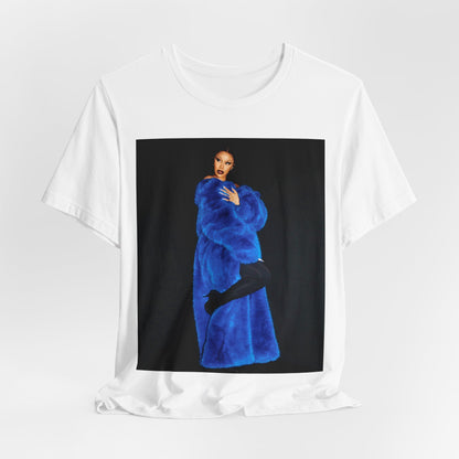 A black graphic t-shirt featuring a photo of Cardi B, possibly with blue velvet elements or a luxurious blue aesthetic.