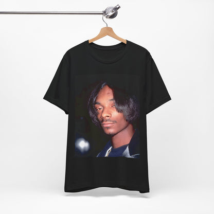 A black graphic t-shirt featuring a 90s black and white graphic of Snoop Dogg as a global icon in rap.