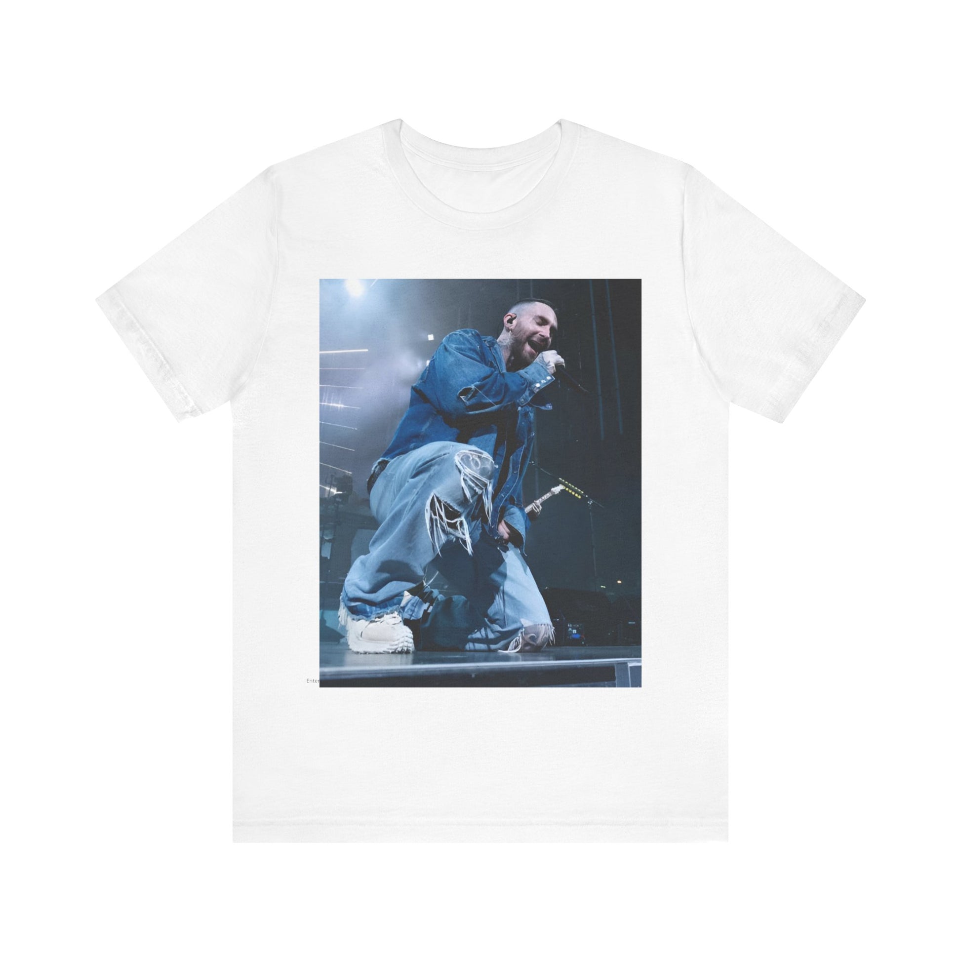 A modern, vibrant, and colorful group photo of the band Maroon 5, printed on a graphic t-shirt.