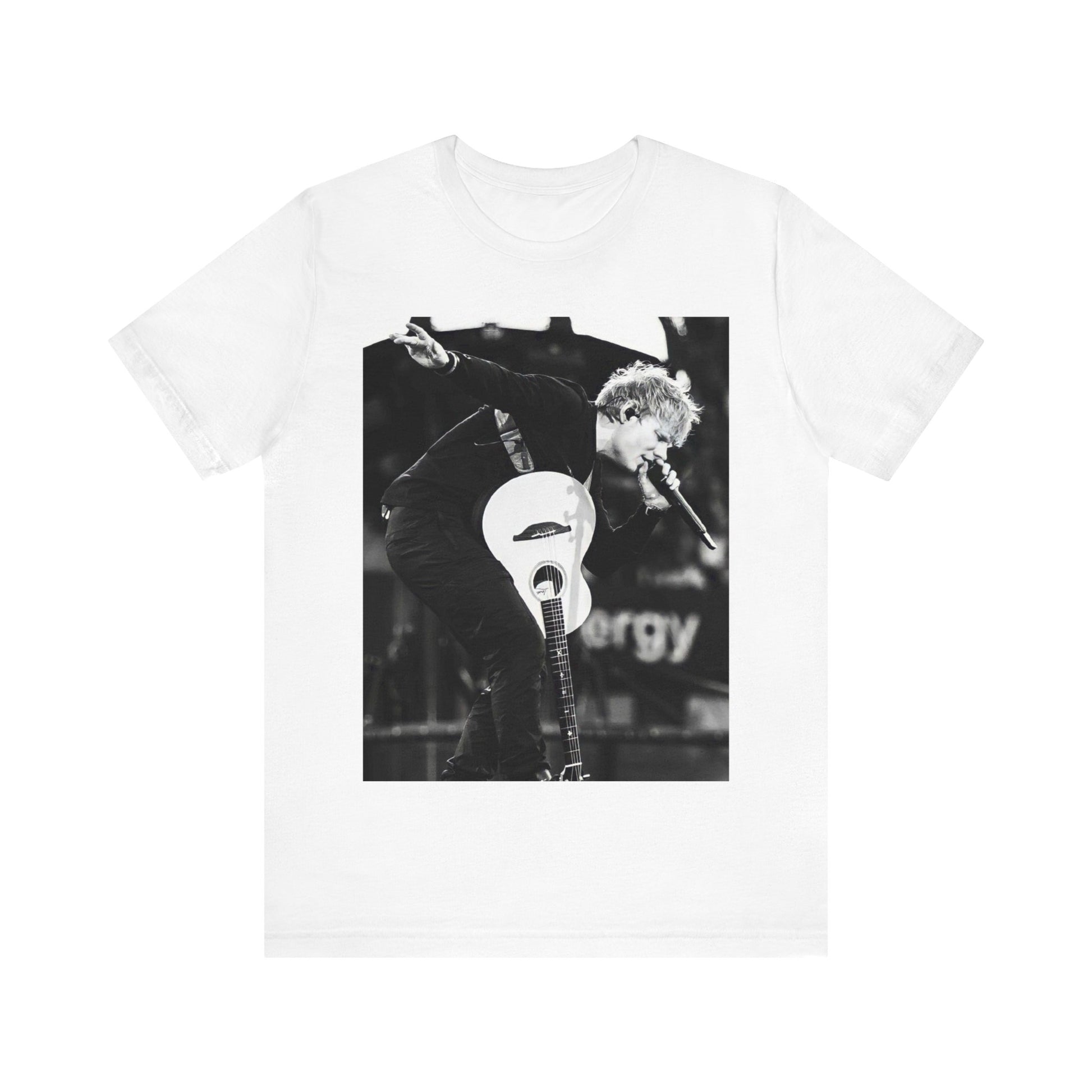 A black graphic t-shirt featuring a vintage graphic of Ed Sheeran performing live.