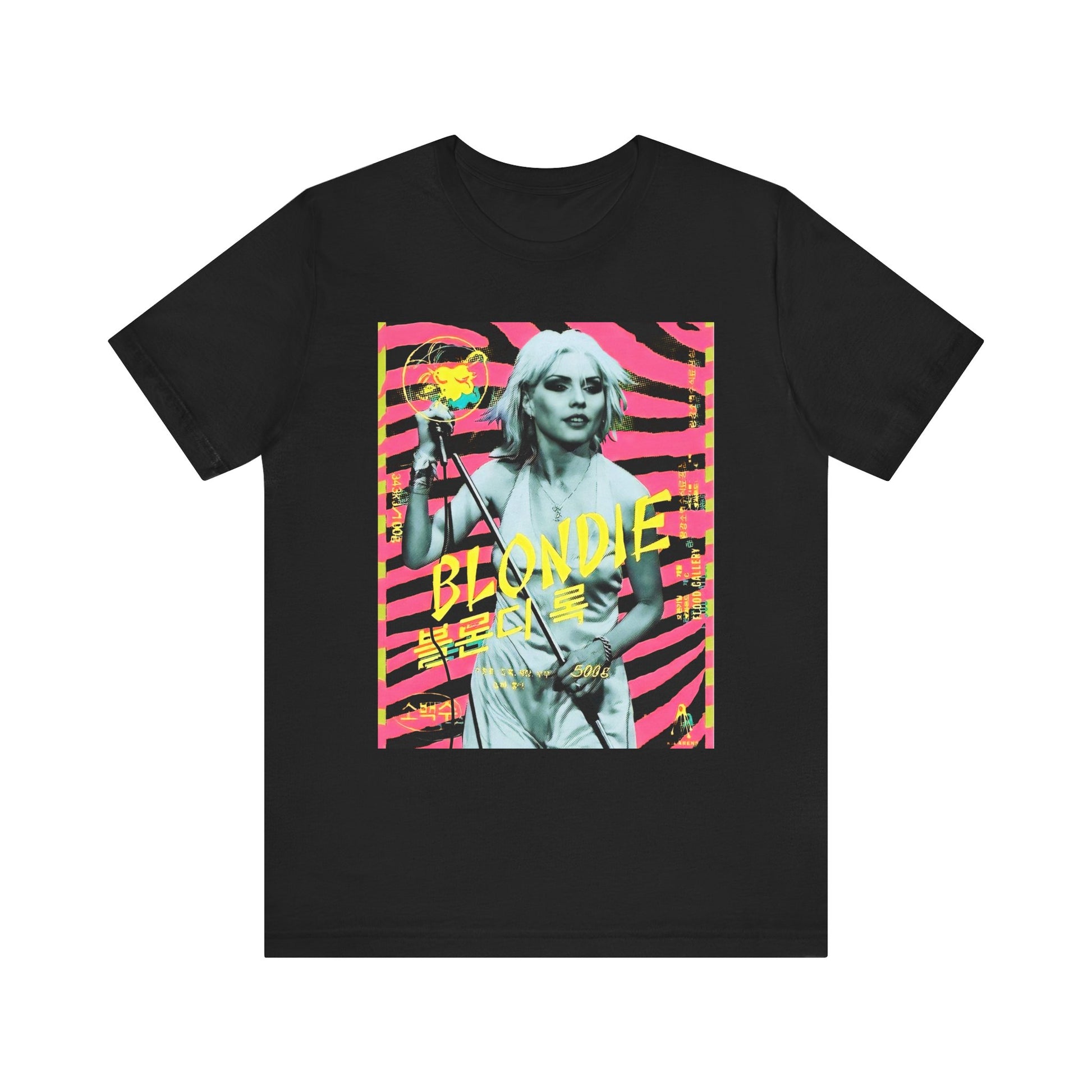A black graphic t-shirt featuring a retro 70s pop art style graphic of Blondie.