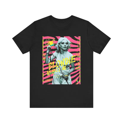 A black graphic t-shirt featuring a retro 70s pop art style graphic of Blondie.