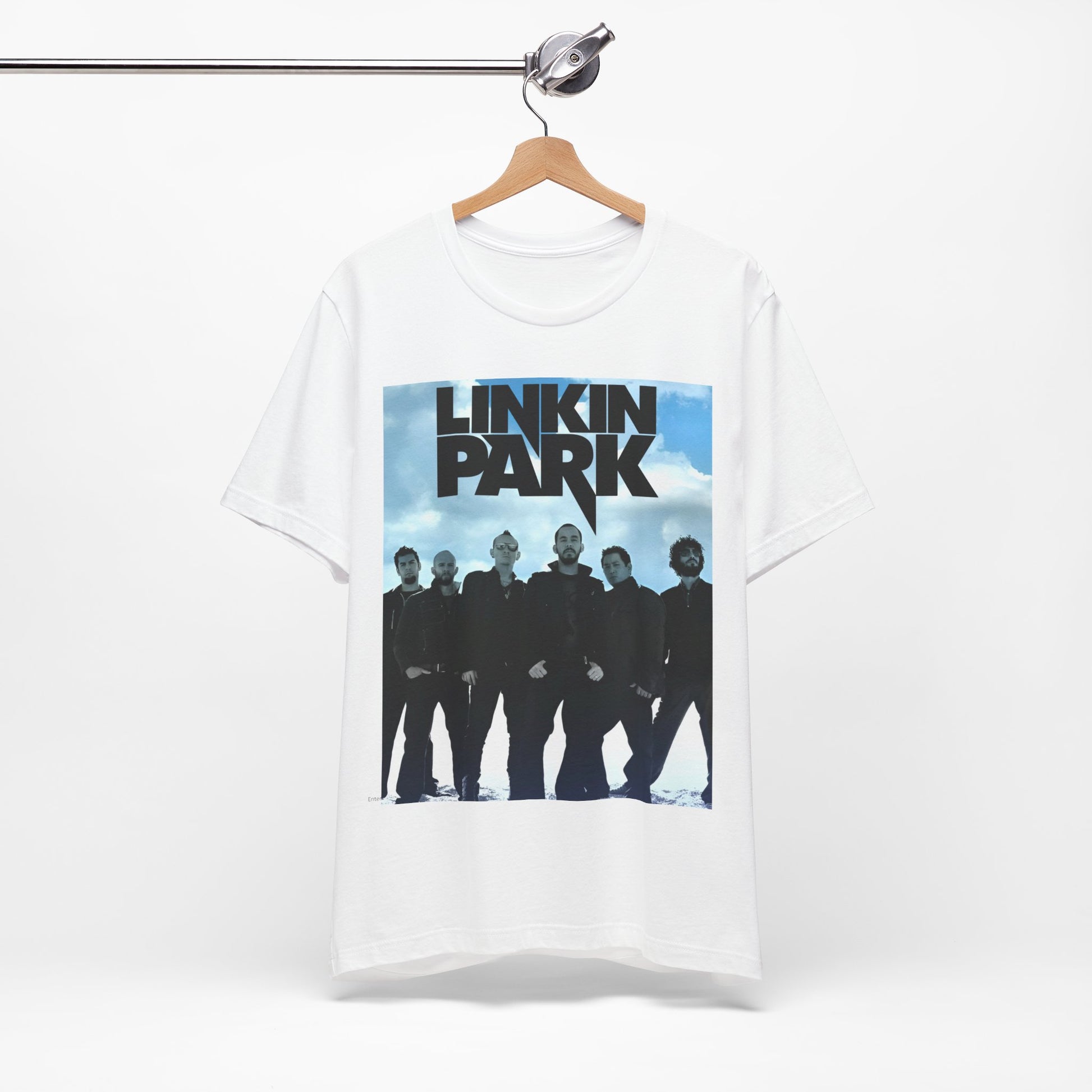 A black graphic t-shirt featuring a vintage graphic related to Linkin Park's 'In the End' song or era.
