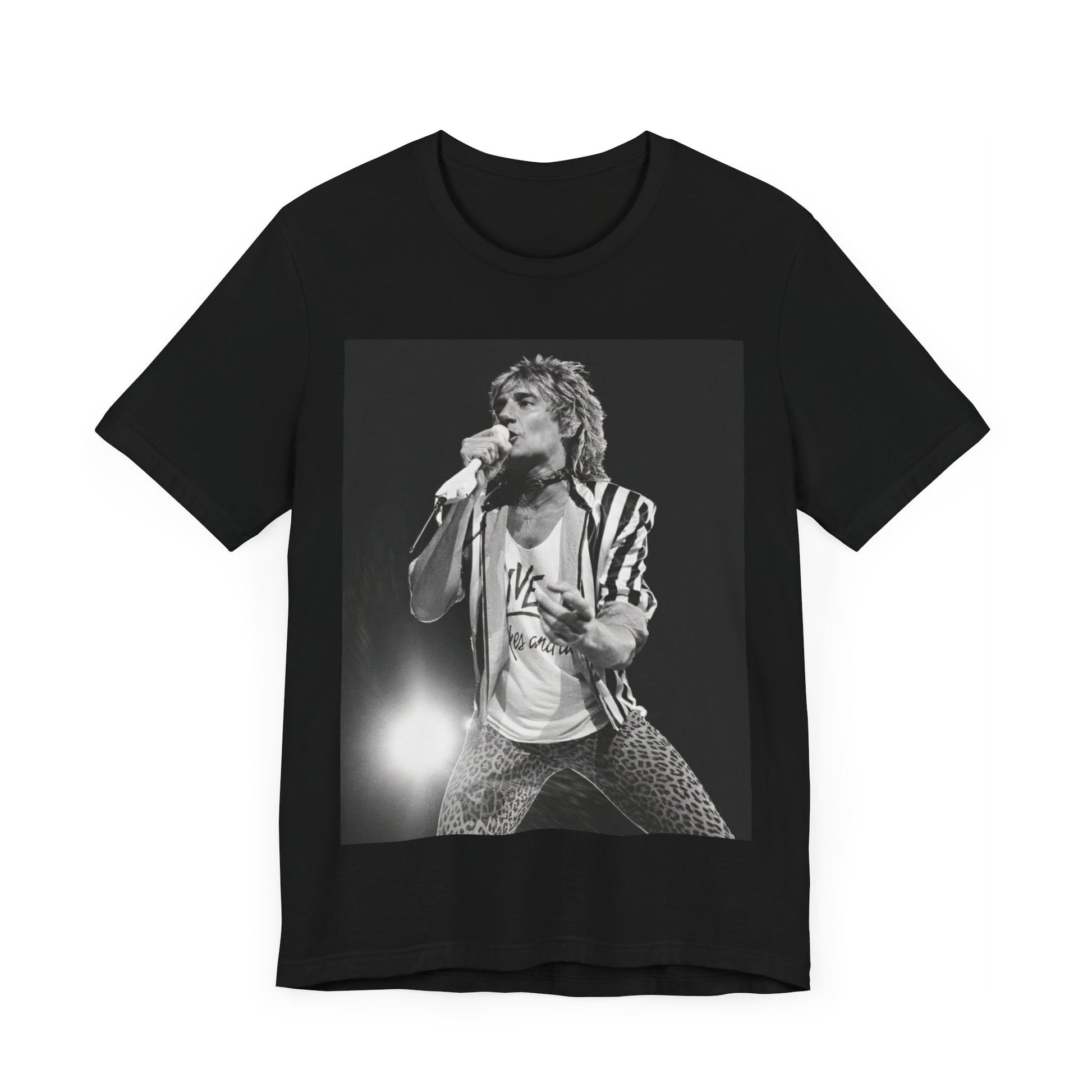 A black graphic t-shirt featuring a black and white portrait photo of Rod Stewart.