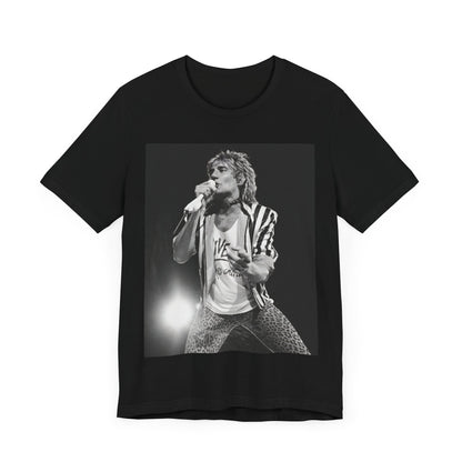 A black graphic t-shirt featuring a black and white portrait photo of Rod Stewart.