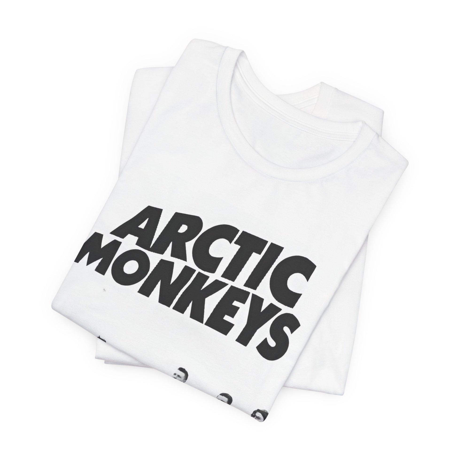 A black graphic t-shirt featuring the Arctic Monkeys logo in black and white.