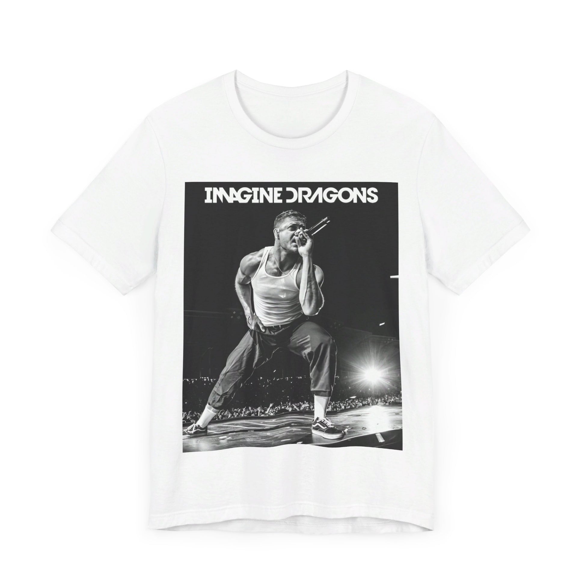 A black graphic t-shirt featuring a black and white graphic related to Imagine Dragons' 'Radioactive' song or era.