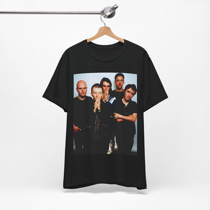 A black graphic t-shirt featuring a bold alt rock superstar graphic of Radiohead.