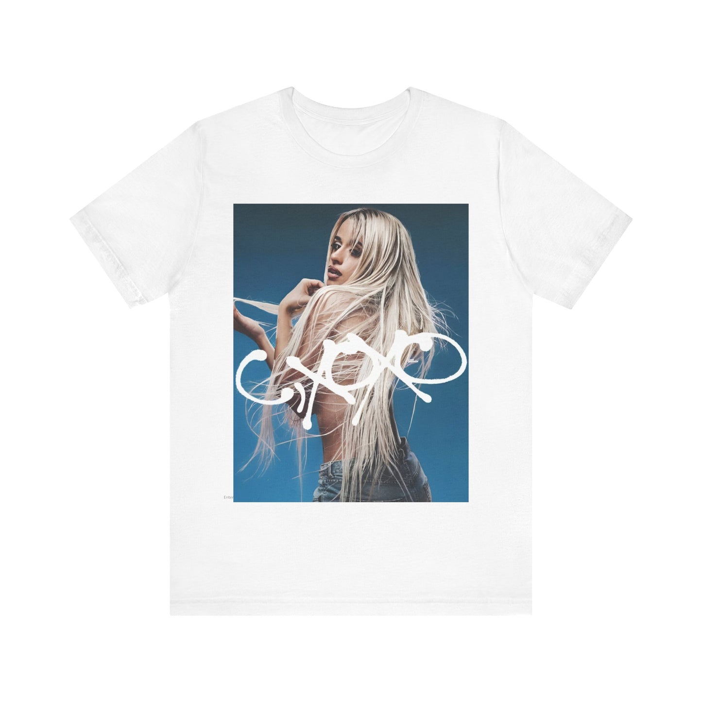 A black graphic t-shirt featuring a graphic related to Camila Cabello's C,XOXO album.
