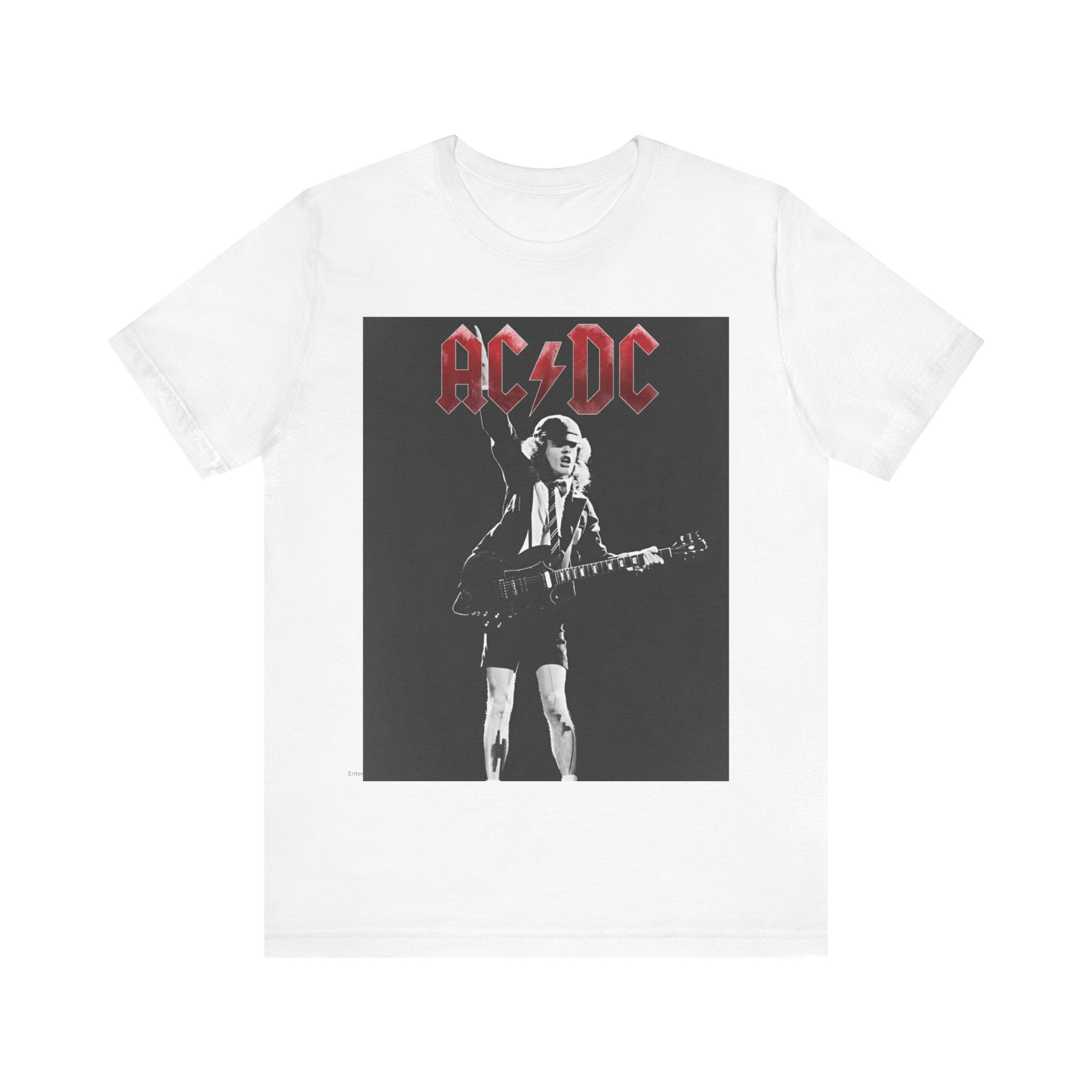 A black and white graphic t-shirt featuring AC/DC band members in a stylized, aesthetic composition, possibly with a grunge or vintage filter.