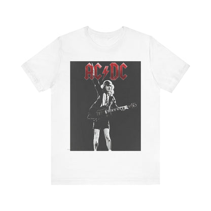 A black and white graphic t-shirt featuring AC/DC band members in a stylized, aesthetic composition, possibly with a grunge or vintage filter.