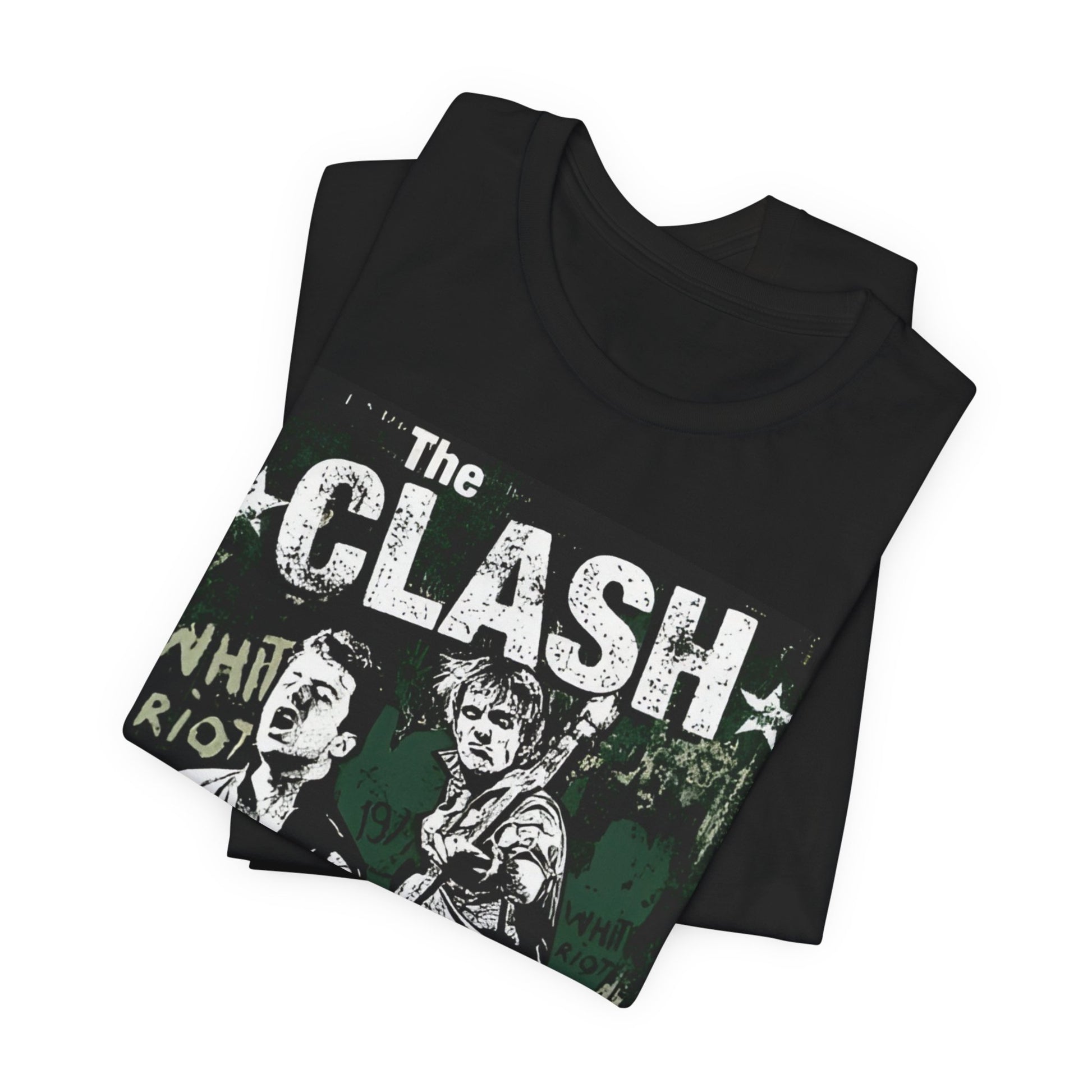 A black graphic t-shirt featuring a graphic related to The Clash's 'White Riot' song.