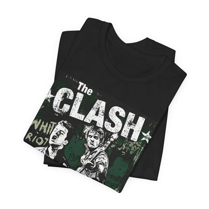 A black graphic t-shirt featuring a graphic related to The Clash's 'White Riot' song.
