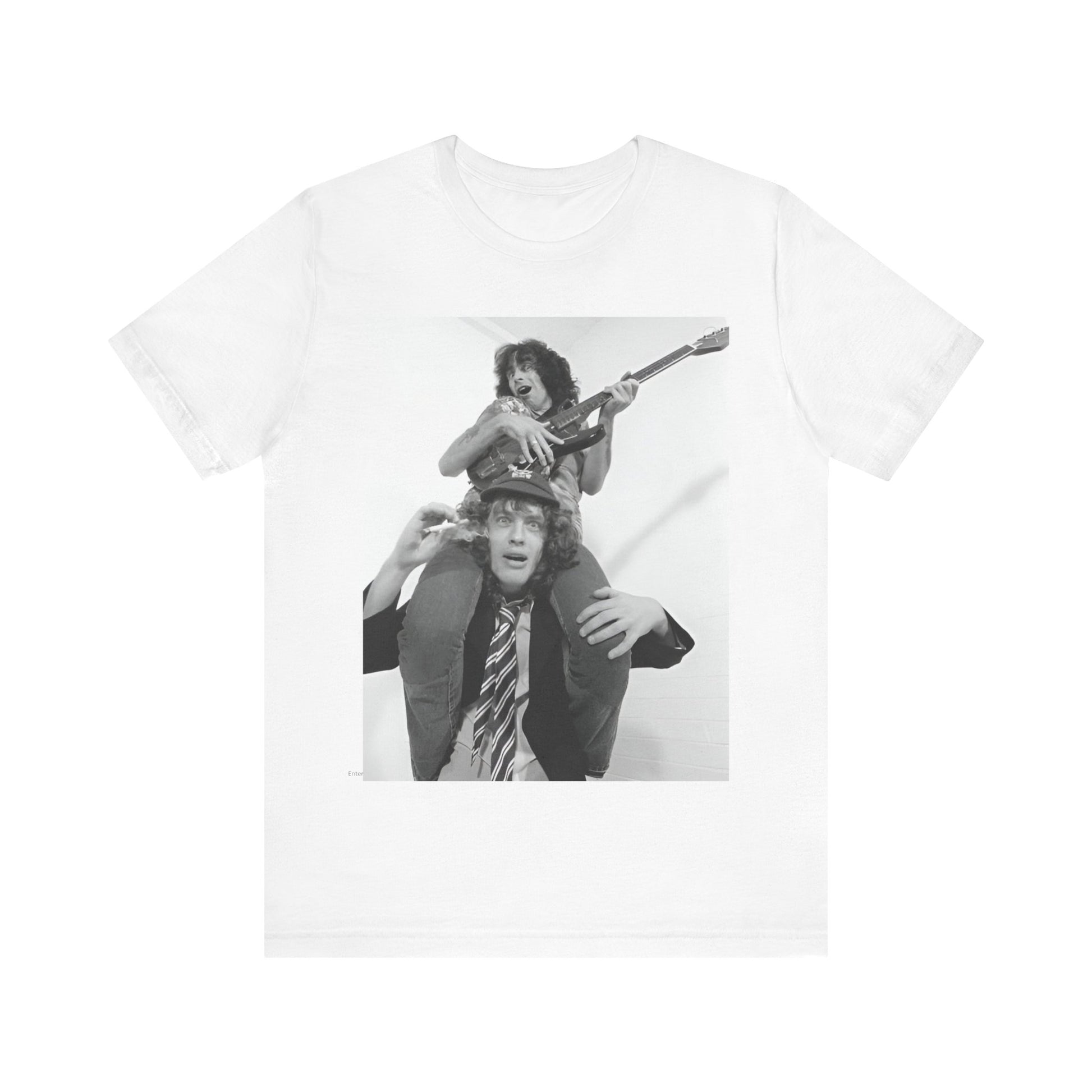 A black graphic t-shirt featuring a split image of AC/DC's Bon Scott and Angus Young, representing the band's iconic duo.