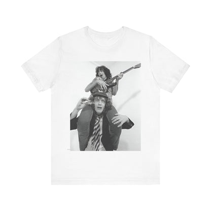 A black graphic t-shirt featuring a split image of AC/DC's Bon Scott and Angus Young, representing the band's iconic duo.